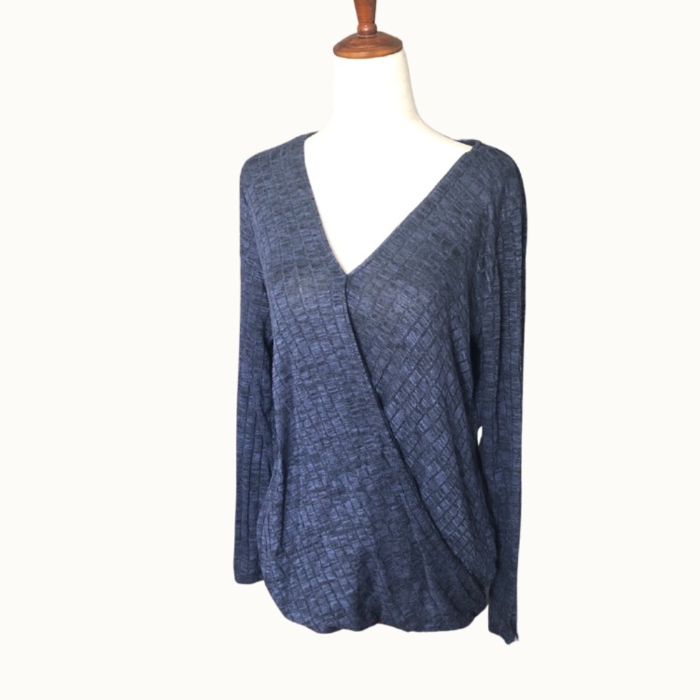 Rock & Republic Blue‎ Grey Knit Ribbed Faux Wrap Shirt M